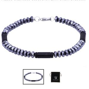 Men’s Genuine Hematite Black Plated Stainless Steel Disk Link Bracelet BLACKJACK